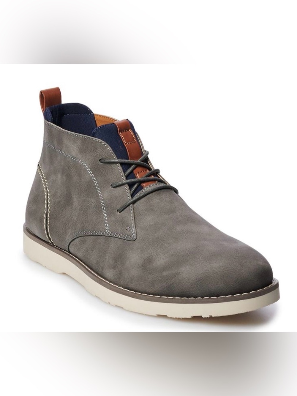 Sonoma Gray Chukka Boots with Navy and Tan Accents